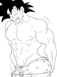 Goku trying on tight briefs and jeans