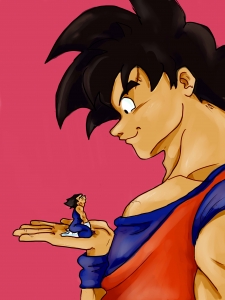 Pocket sized Vegeta in Goku's hand